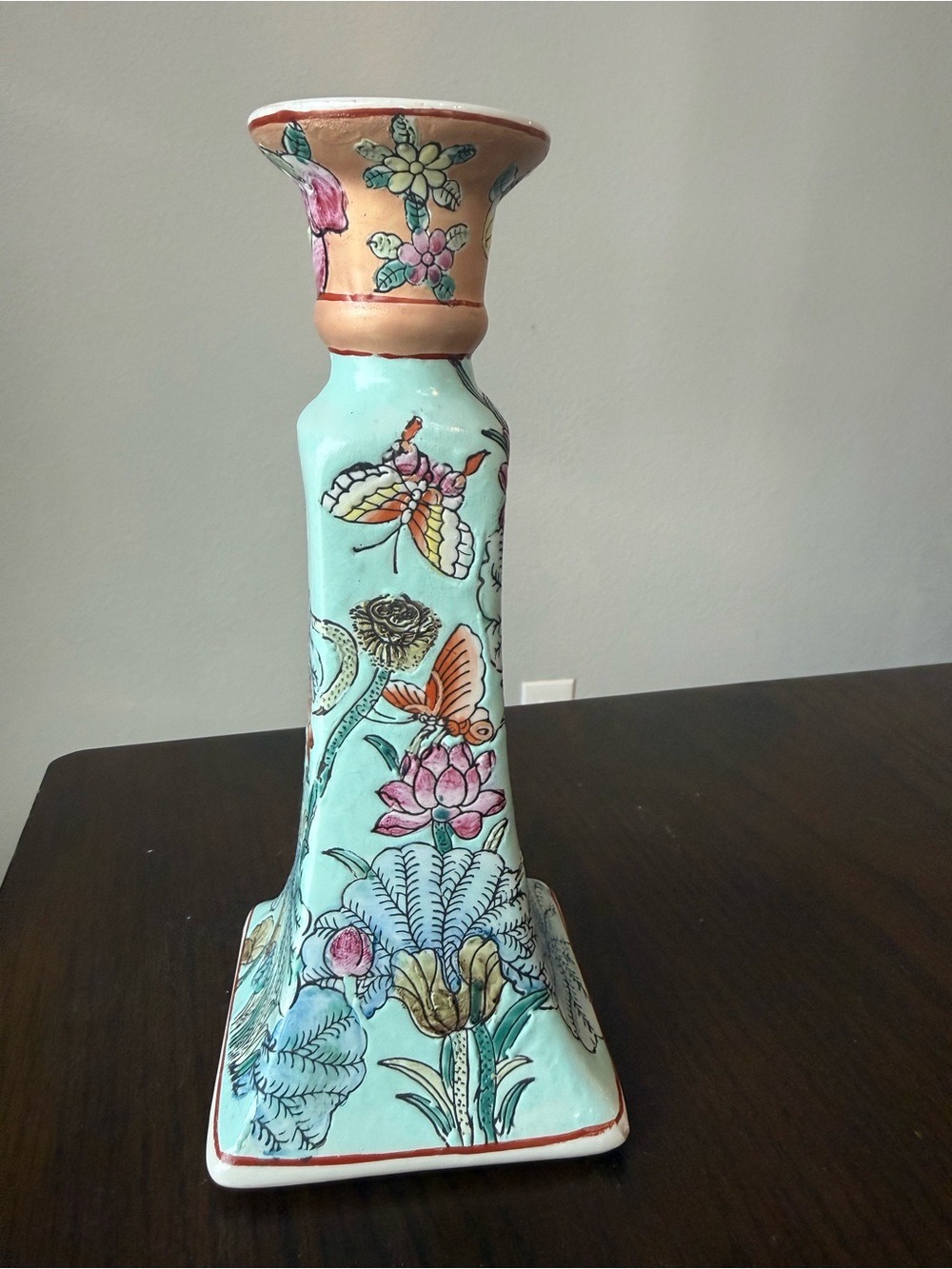 Vintage Chinese Floral Butterfly Ceramic Candlestick Holder 8.75” Painted Signed